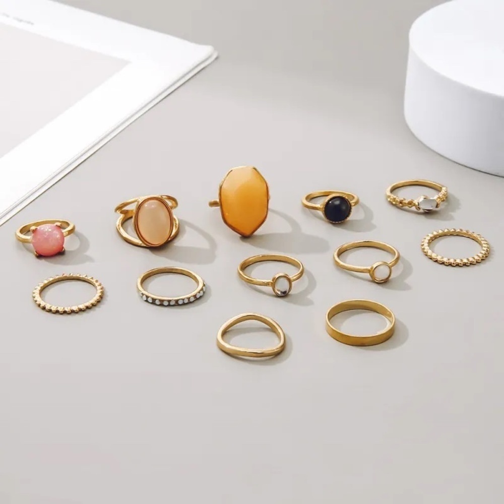 *MARTINE* 12-Pc Gold x Multicolor Gem Fashion Rhinestone Ring Set - Picture 3 of 5